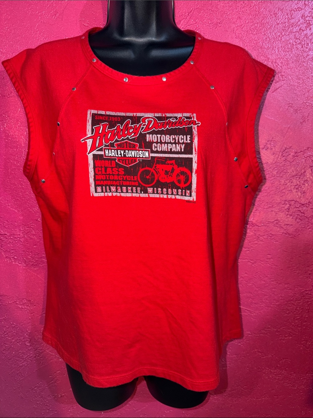 Harley-Davidson Red Sleeveless Studded Logo Tee. Sz 2X. Moto. Bikercore.